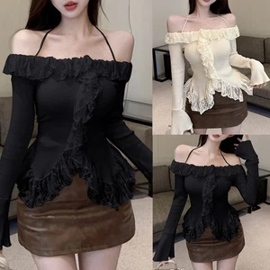 Slim Fit Long Sleeve One Shoulder Sweater with Ruffles for Daily Commuting - Picture 1 of 18