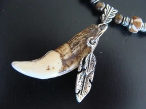 1-1/2+" WOLF Zahn Anhänger Halskette Schmuck - Unikat mit Perlenakzenten - Bild 1 von 4