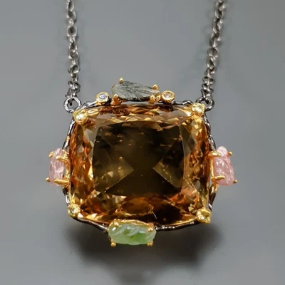 Handmade 68 Natural Citrine Quartz Necklace 925 Sterling Silver 17"/N27608 - Image 1 of 4