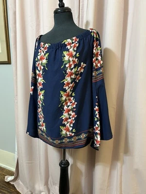 Blusa R Wish Para Mujer Talla L Floral Popover Manga 3/4 Boho Elástica Hombro Descubierto Foto 1 de 4