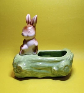 Vintage Spring Easter Bunny Rabbit On Log Pottery Planter - Picture 1 of 7