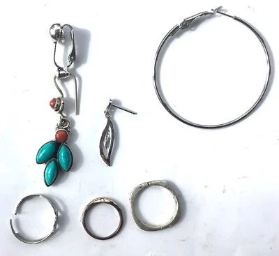 LOT DE BOUCLES D’OREILLES POUR UNE SEUL OREILLE  TURQUOISE ARGENT CRÉOLE FEUILLE - Immagine 1 di 4