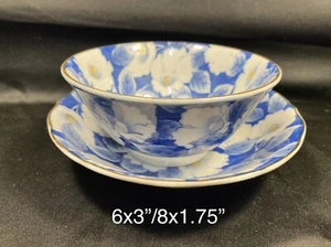 Japanese Porcelain Plate and Bowl Set Hand Painted Blue and White Floral Motif - Picture 1 of 10