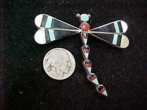Silver Necklace Pin Pendant Signed Zuni Turquoise Mop Inlay Dragonfly Sterling