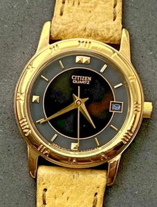 Vintage New 1999 CITIZEN Women’s 25mm Quartz Watch Date Gold Black Dial Beige - Picture 1 of 14