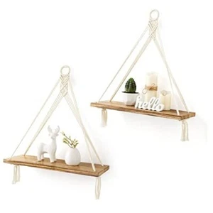 Macrame Hanging Shelves Boho Wall Decor Set of 2 Rustic Wood Floating White - Picture 1 of 7