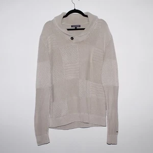 Mens TOMMY HILFIGER Casual Beige Cable Knit Linen Blend V-Neck Jumper Size XL - Picture 1 of 9