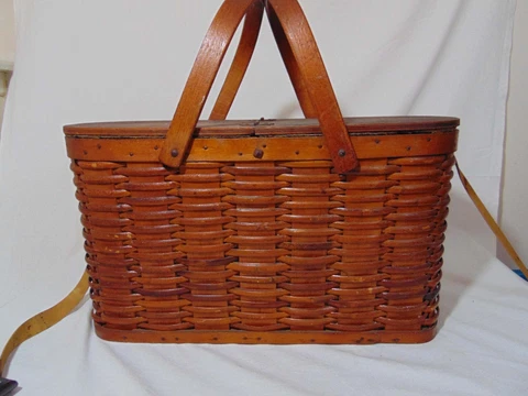 Vintage Hawkeye Refrigerator Wooden Wicker Splint Picnic Basket Tin Iowa Cover