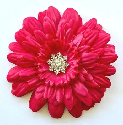 4.5" Hot Pink Gerbera Daisy Silk Flower Hair Clip Clear Rhinestone Cabochon - Image 1 of 2