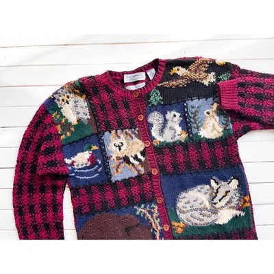 vtg Northern Isles bear raccoon duck nature hand knit cardigan sweater - Image 1 of 4