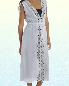 "La Blanca" Women's White Midi V-Neck Gauze & Crochet Cover-Up Dress Size L - Picture 1 of 8