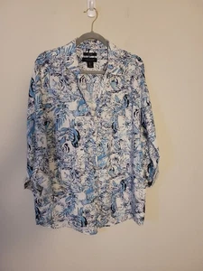 Tahari Blue Bird Print Linen Button Up Shirt Sz L - Picture 1 of 7