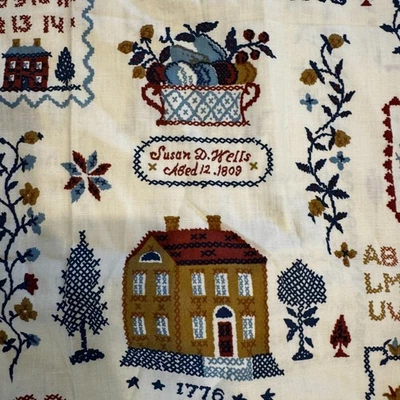 Vintage Fabric Cross Stitch Print Sampler Country Folk Art on Cream 4 Yds - Image 1 of 4