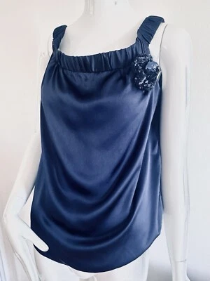 Alberta Ferretti Philosophy Elegant Top Navy Blue Sequins Rose Silk Size IT46 L - Image 1 of 4