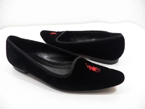 RALPH LAUREN WOMENS 6.5 FLATS POINTED SHOES VELVET BLACK RED PONY MADE IN ITALY - Picture 1 of 9