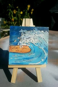 ca. 2x2 Holz Gemälde auf Staffelei Shortiez Tusche Art Deco Strand Welle Meer Relax - Bild 1 von 1