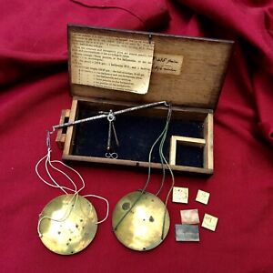 Antique Jeweller Chemist Travel Balance Scales,Brass Pans,Weights,Old Wood Case