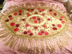 ANTIQUE HUNGARIAN MATYO SILK EMBROIDERY STAR RED ROSES OVAL TABLECLOTH - Picture 1 of 12