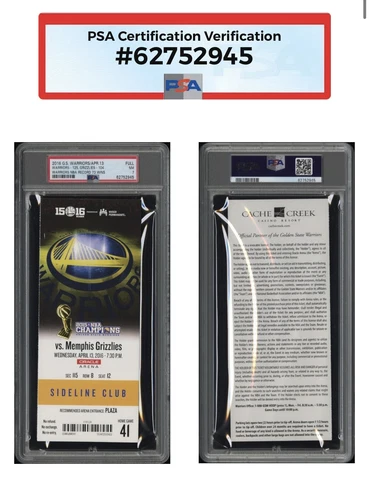 Golden State Warriors 73 Wins Record Ticket PSA Encapsulated Stephen Curry Cover