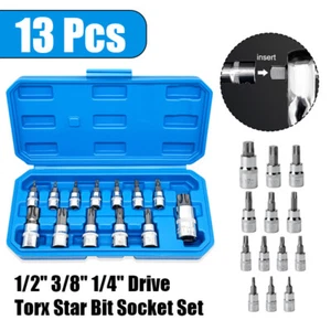 13tlg. Torx Stern Bit Steckschlüssel Satz 1/4" 3/8" 1/2" Antrieb T8-T70 Werkzeug - Bild 1 von 19