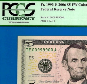 2006 $5 Federal Reserve Note PCGS 65PPQ rare fancy radar serial number 00999900 - Picture 1 of 3