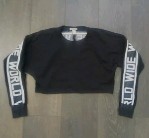 FOREVER 21 XS Black Cropped Jersey Long Sleeve Top Sweatshirt World Wide - Picture 1 of 4