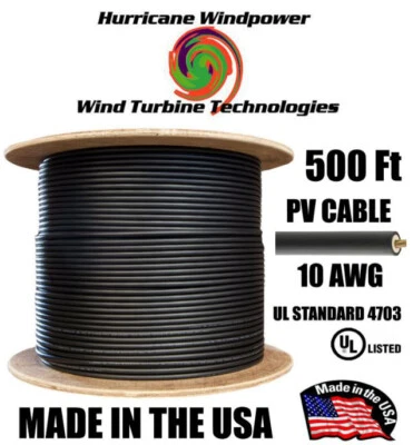 HURRICANE WIND POWER PV CABLE 10 AWG 1000V BLACK SOLAR PV WIRE MC4 COMPATIBLE 500 FT DOUBLE-INSULATED