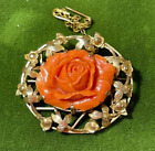 Viktorianisch 9K Y Gold Geschnitzter Lachs Koralle Rose Blume 10g Filigraner
