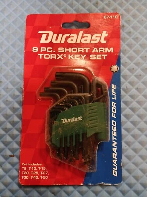 Duralast 9 pc Short Arm T-8,T-10,T-15,T-20,T-25,T-27,T-30,T-40,T-50 Key Set  SAE - Image 1 of 4