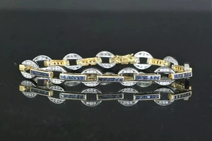 14K Yellow Gold Plated Lab Created Blue Sapphire Round Diamond Tennis Bracelet - Picture 1 of 5