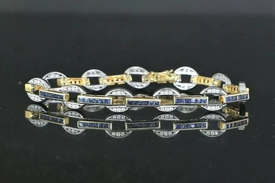 14K Yellow Gold Plated Lab Created Blue Sapphire Round Diamond Tennis Bracelet - Image 1 of 4