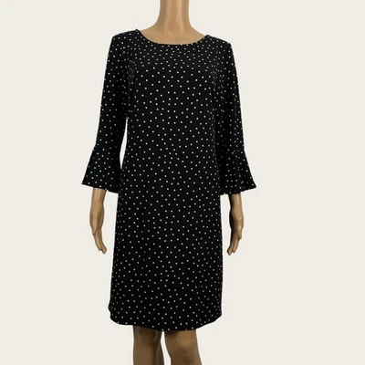 Elle SMALL Black White Polkda Dot Print Knit Shift Dress Bell Sleeve Career Work - Image 1 of 4