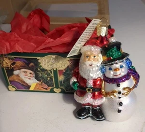 Ornamento Babbo Natale e pupazzo di neve vintage vecchio mondo con scatola - NORTH POLE PALS 2001 - Foto 1 di 14