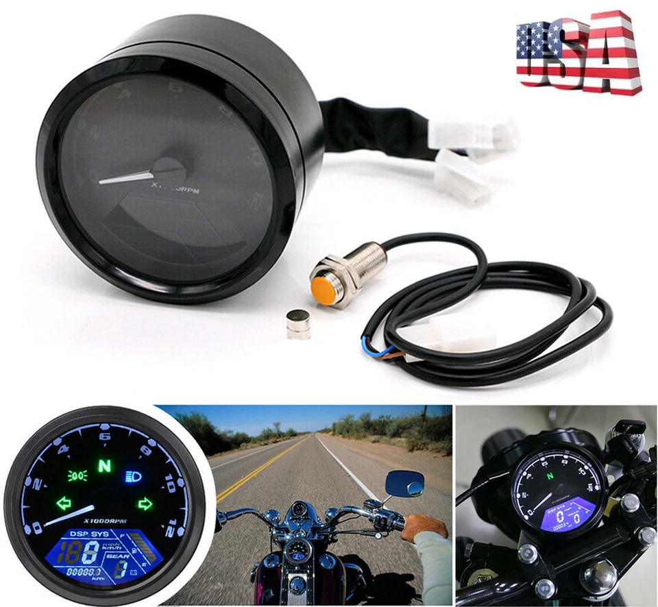 Universal Motorcycle Odometer Speedometer Tachometer 12000RPM LCD Digital Gauge - Image 1 of 4