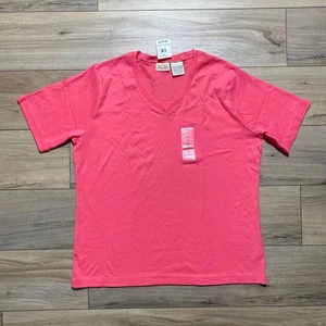 St John’s Bay Womens V-Neck Short Sleeve Top Size 1X Flamingo Pink - Picture 1 of 9