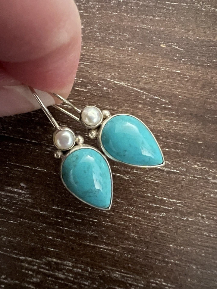 Pendientes Sajen Turquesa, Perla Plata de Ley 925.  Foto 1 de 4