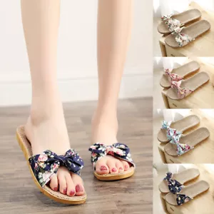 Womens Sandals Slipper Ladies Boho Bowknot Flax-Linen Flip Flops Beach Shoes - Picture 1 of 32