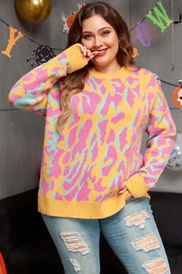 Bright Pink Plus Size Leopard Ribbed Trim Sweater - Picture 1 of 8