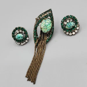 Unsigned Alice Caviness Green Foil Dragon's Breath Rhinestone Brooch & Earrings - Picture 1 of 12