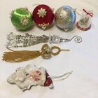 7 Vtg Christmas Handmade Ornaments Satin Bead Sequin Jewel Papier Mache Santa