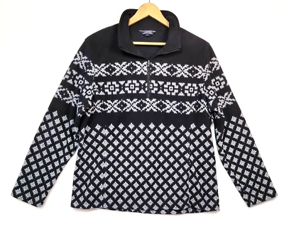 Chaqueta Pullover Fleece Lands End Mujer XL 18 Media Cremallera Negro Blanco Patrón Foto 1 de 4