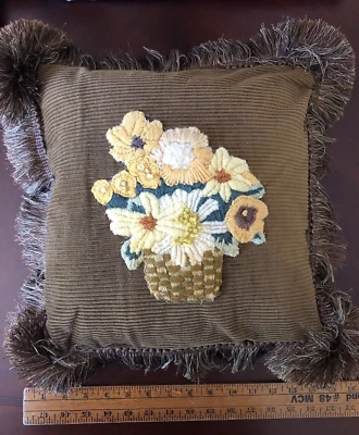 Vintage Floral Flower Basket Crewel Brown Corduroy Pillow 12x12" Fringe Gold - Image 1 of 4