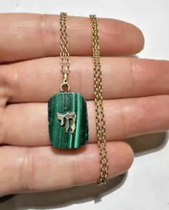 14k Gold Carved Green Malachite Hebrew CHAI Symbol 21" Pendant 5.9g Necklace - Picture 1 of 10