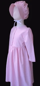 Girl Prairie Pioneer Old Fashioned Costume Dress & Bonnet pink gingham 8 - Picture 1 of 1