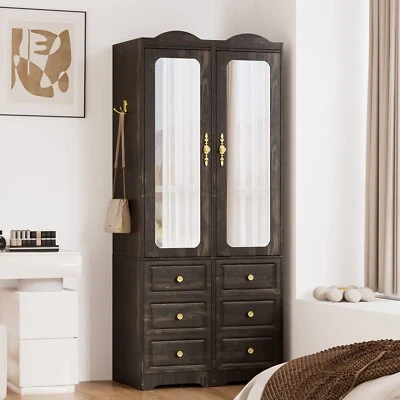 Armoire Wardrobe Closet Cabinet With 6 Drawers And 2 Mirrors,  Dark Rustic Oak - Image 1 of 4