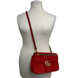 Gucci GG Marmont Velvet Red Medium Shoulder Bag with Chain Strap - Picture 1 of 20