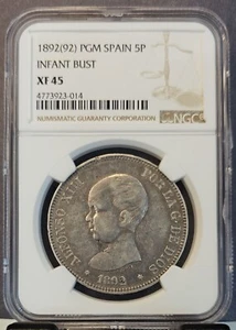 1892 PGM SPAIN SILVER 5 PESETAS 5P INFANT BUST NGC XF 45 HIGH GRADE LOW MINTAGE - Picture 1 of 3