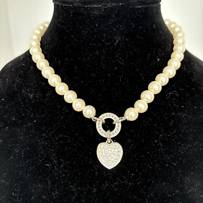 Lovely NVC Faux Pearl Choker Necklace With Pave Rhinestone Heart Pendant - Image 1 of 4
