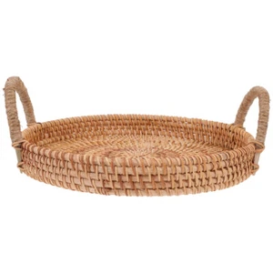Round Serving Tray Handles Hand Woven Serving Trays Rattan Bread Baskets - Picture 1 of 12