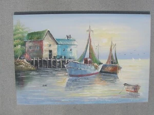 Luini Signed Oil Painting 36 x 24 Seascape Harborview Painting-Italy NO FRAMING - Picture 1 of 18